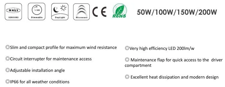 100W 150W 200W Energy-Saving LED Light IP66 Ik10 Rated Solar Street & Roadway Luminaire